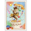 Happy birthday バースデーカード キジトラ白（キジ白）猫 ドイツ 製 ポストカード ラメ グリーティングカード 絵はがき アンティーク調 ネコ ねこ