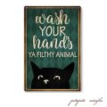 クロネコ 猫 Wash YOUR Hands メタルプレート ブリキ看板 アンティーク調  ねこ ネコ 黒猫