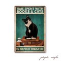 ハチワレ 猫  BOOKS＆CATS メタルプレート ブリキ看板 本 アンティーク調  ねこ ネコ