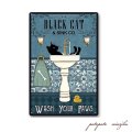 クロネコ WASH YOUR PAWS メタルプレート ブリキ看板 アンティーク調 ねこ ネコ 黒猫