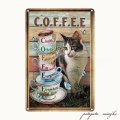 サバ白 猫 COFFEE コーヒー メタルプレート ブリキ看板 アンティーク調 ねこ ネコ カフェ