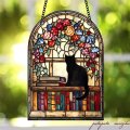 黒猫  アクリルプレート アクリルペンダント ディスプレイ ステンドグラス 風 看板 ウォールディスプレイ  ねこ ネコ 花 バラ 本