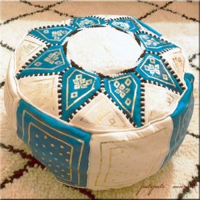 画像2: プフ オットマン 本革 ターコイズ＆ベージュ モロッコ スツール クッション 刺繍