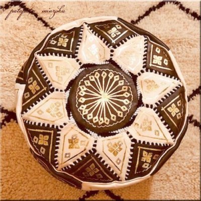 画像1: プフ オットマン 本革 ダークブラウン ＆ベージュ モロッコ スツール クッション 刺繍