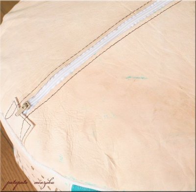 画像2: プフ オットマン 本革 グリーン＆ベージュ B モロッコ スツール クッション 刺繍