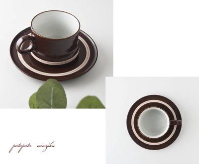 画像1: 美濃焼 チョコレート ボーダー カップ＆ソーサー  レトロ 磁器 陶器 コーヒーカップ