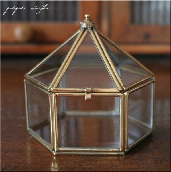 画像1: 真鍮 六角 ガラスボックス M ケース アンティーク調 ブラス (1)