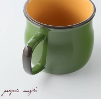 画像1: 塗り分け グリーン&イエロー マグ 4点セット ホーロー風 マグカップ 磁器 陶器