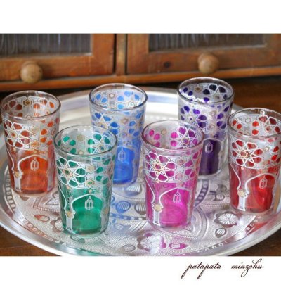 画像1: モロッコグラス ミントティーグラス ６色セット モスク 花 アラベスクグラス モロッコ グラス コップ