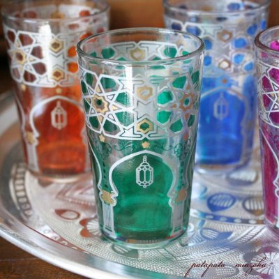 画像2: モロッコグラス ミントティーグラス ６色セット モスク 花 アラベスクグラス モロッコ グラス コップ