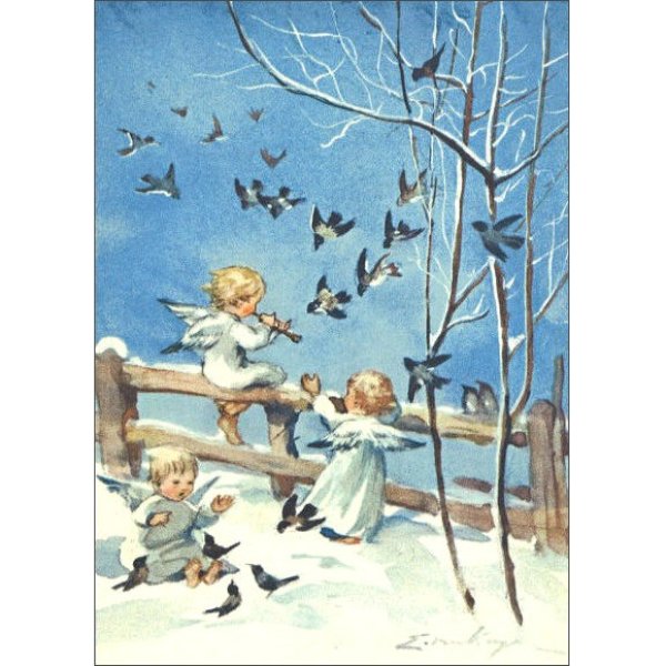 画像1: エリカ ・ フォン ・ ケーガー 音楽を奏でる3人の天使と小鳥たち アート ポストカード スイス 製 グリーティングカード 絵はがき 天使 アンティーク調 (1)