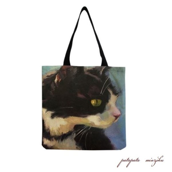 画像1: ハチワレ 猫 トートバッグ  エコバッグ 油絵風 雑貨  (1)