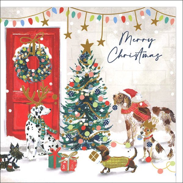 画像1: クリスマス 赤い扉のお家と犬たち グリーティングカード イギリス 製  ポストカード クリスマスカード 犬 ドック (1)