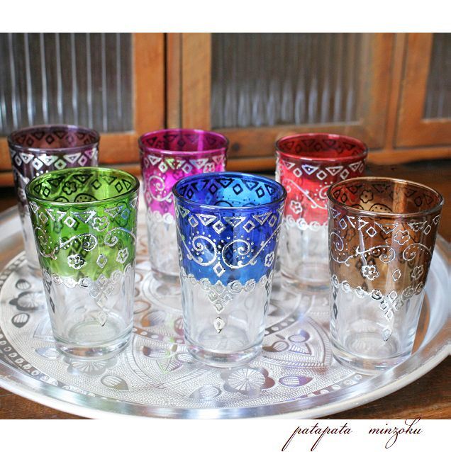 モロッコグラス ミントティーグラス ６色セット 三角渦巻き シルバー アラベスクグラス モロッコ グラス コップ