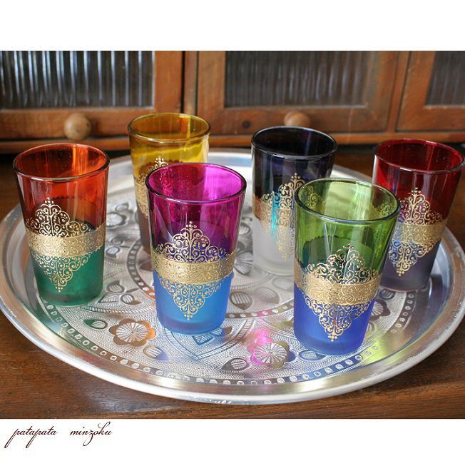 モロッコグラス ミントティーグラス ６色セット アラブモチーフ ゴールド アラベスクグラス モロッコ グラス コップ